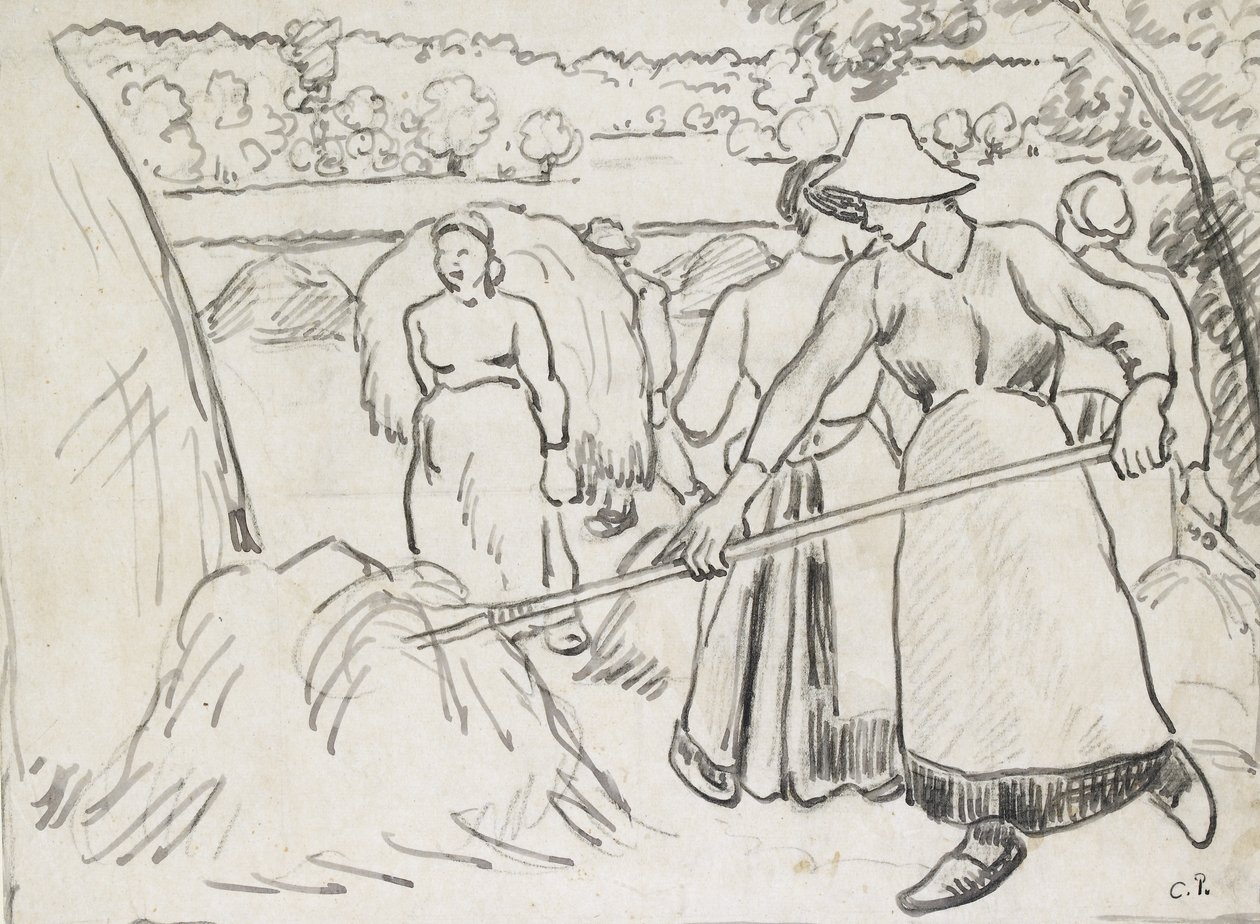 Compositional study of harvesters in a landscape by Camille Jacob Pissarro