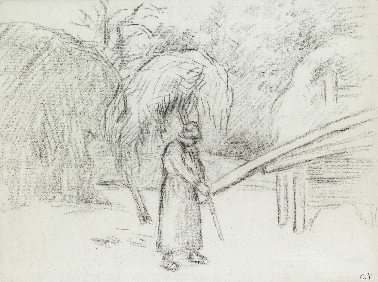 Study of a female peasant carrying a load of hay in the farmyard at Foucault by Camille Jacob Pissarro