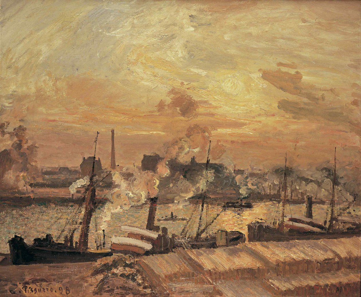Unloading Wood, Quai de la Bourse, Sunset by Camille Jacob Pissarro