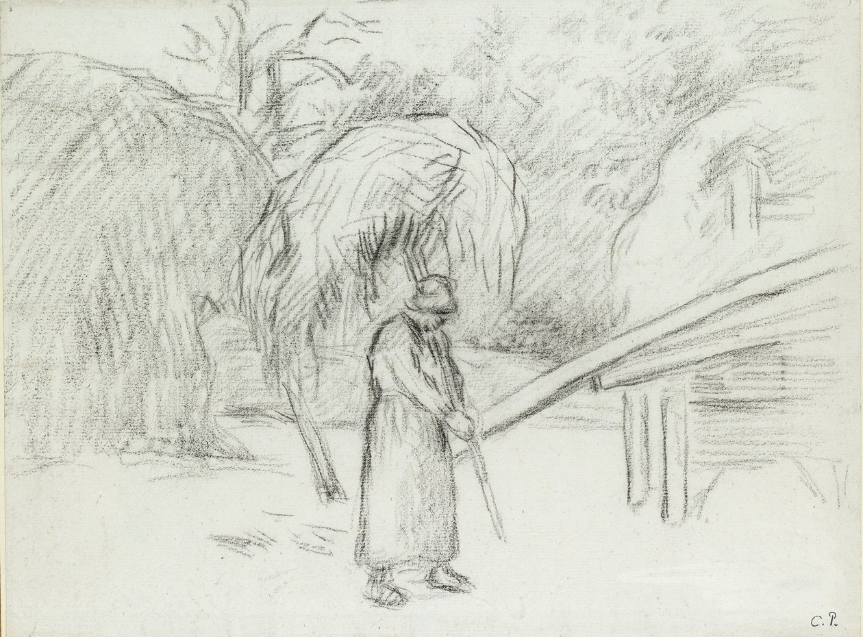 Study of a Female Peasant Carrying a Load of Hay in the Farmyard at Foucault, c1875 by Camille Pissarro