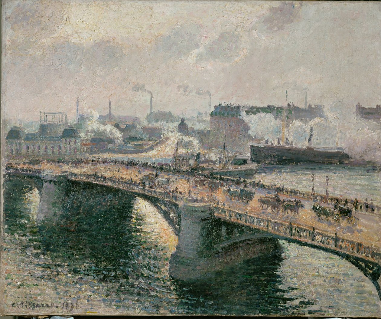Sunset in Foggy Weather Over the Boieldieu Bridge at Rouen by Camille Pissarro