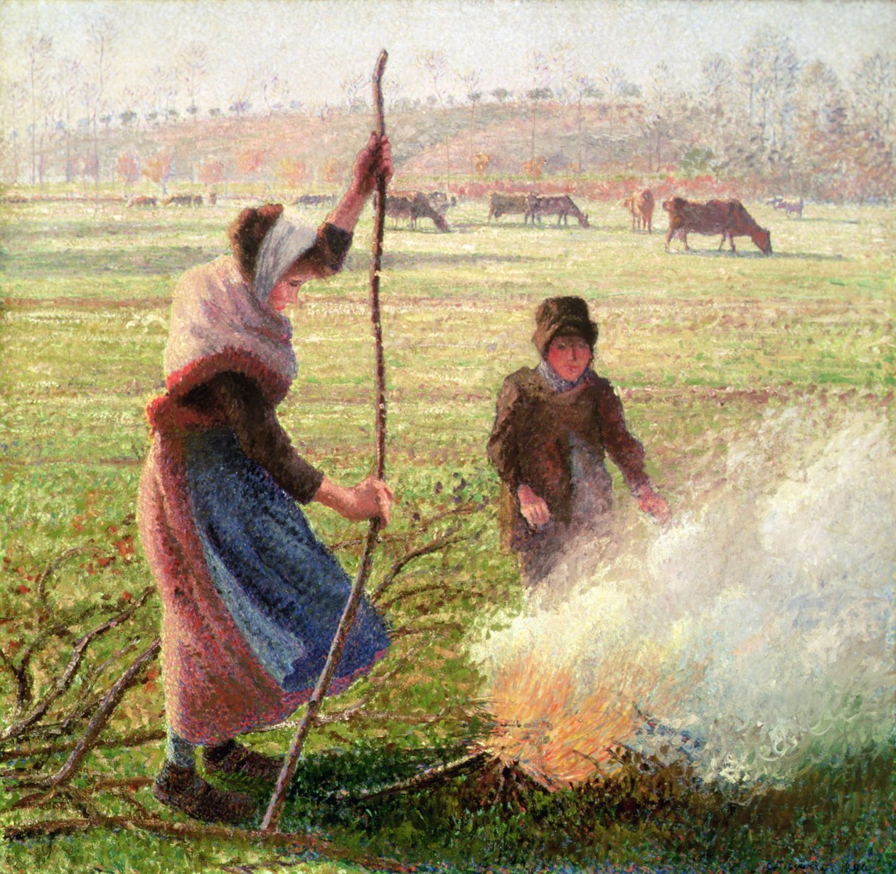 White Frost, woman breaking wood by Camille Jacob Pissarro