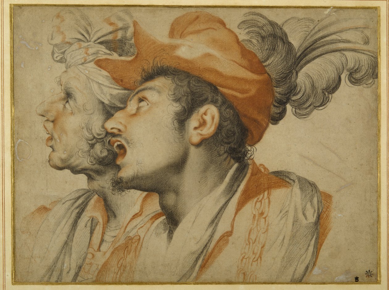 Grotesquerie of two fashionably dressed men singing by Camillo Procaccini
