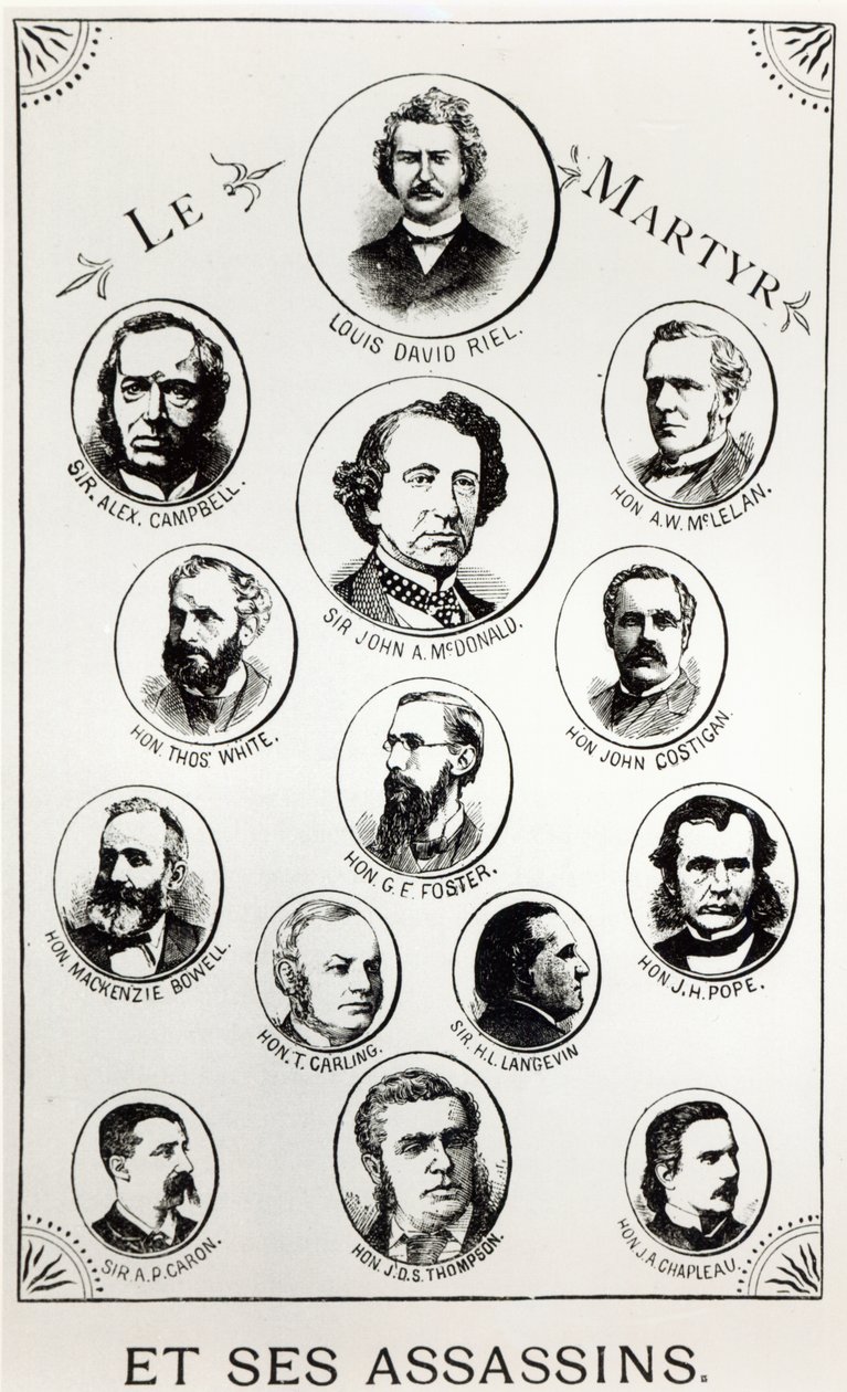 Louis Riel (1844-85) and his assassins, illustration from Le Gibet de Regina, published 1886 by Canadian School