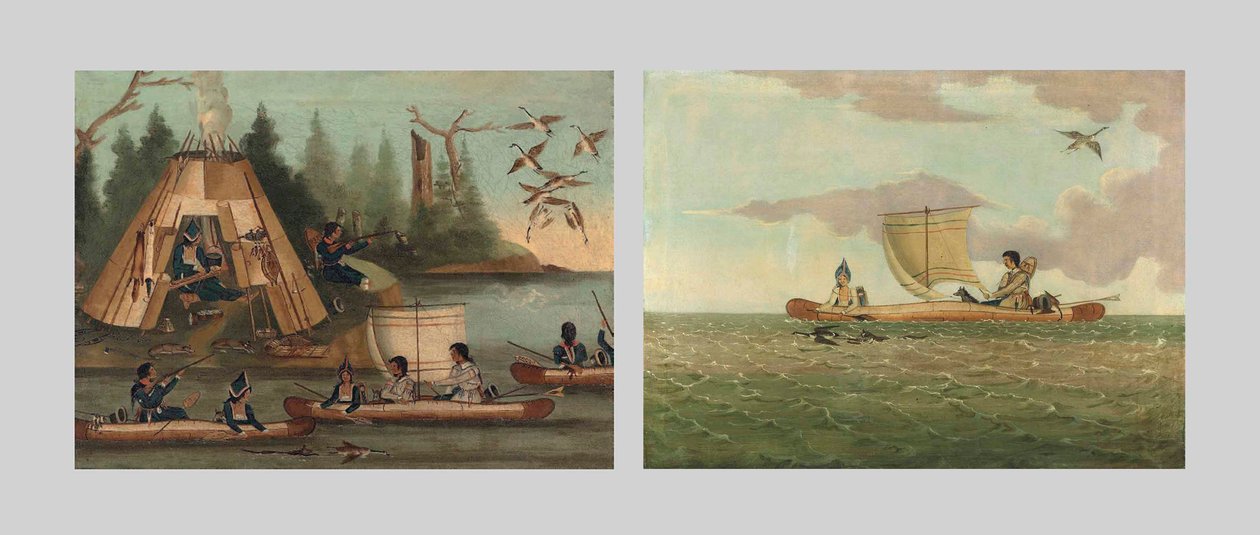 Mi’kmaq Indian camp on a bay with Mi’kmaqs shooting Canada geese; and Mi’kmaq Indians hunting Canada geese, early 19th century by Canadian School