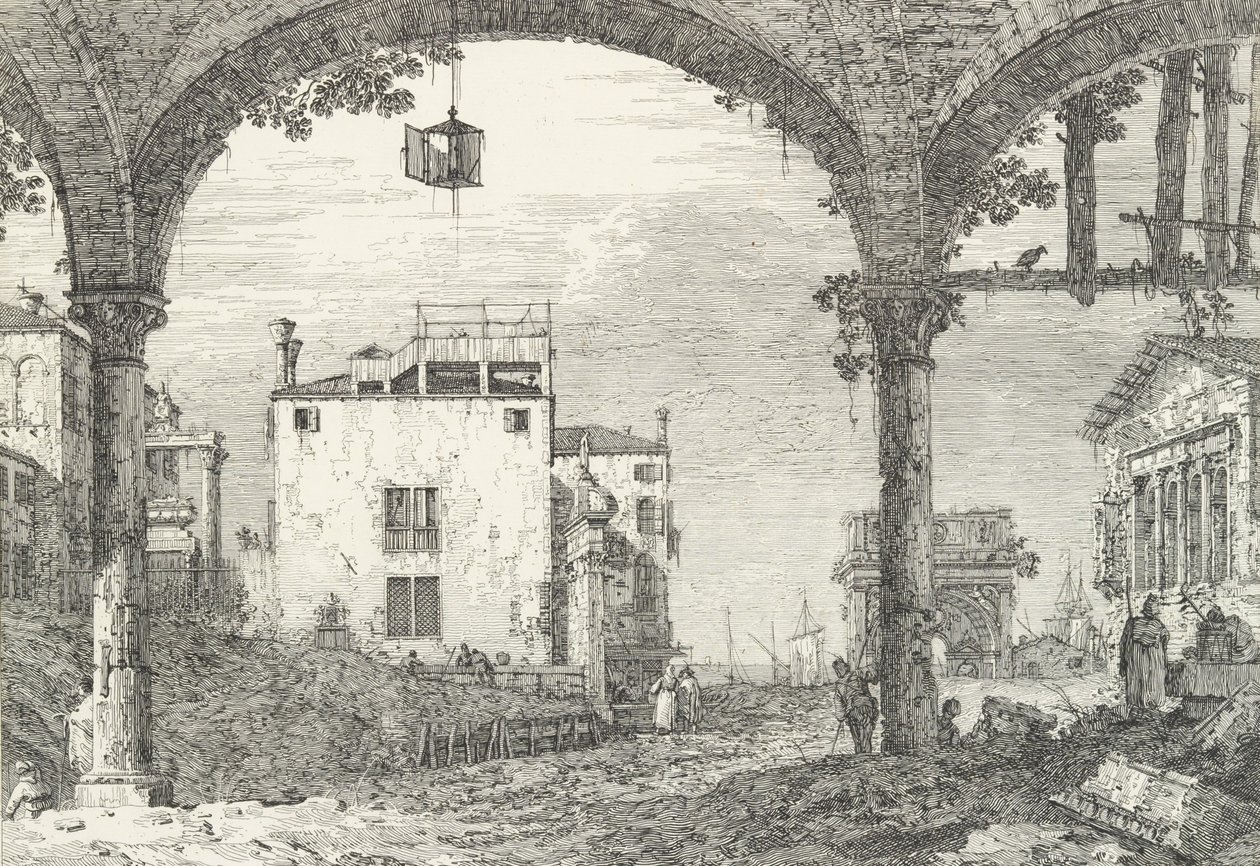 A Three-Arched Portico with an Open Lantern Hanging at Center by Canaletto