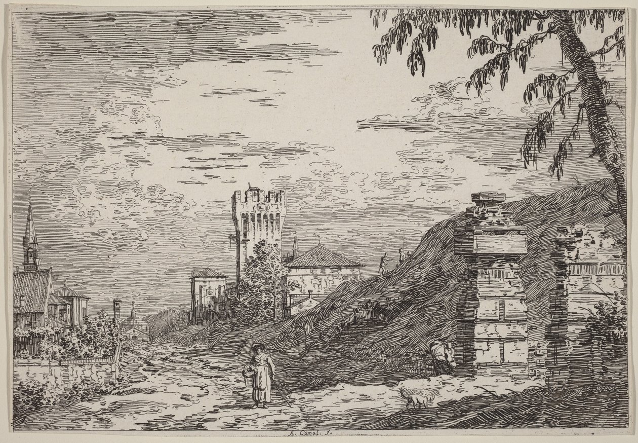 Landscape with Tower and Two Ruined Pillars by Canaletto