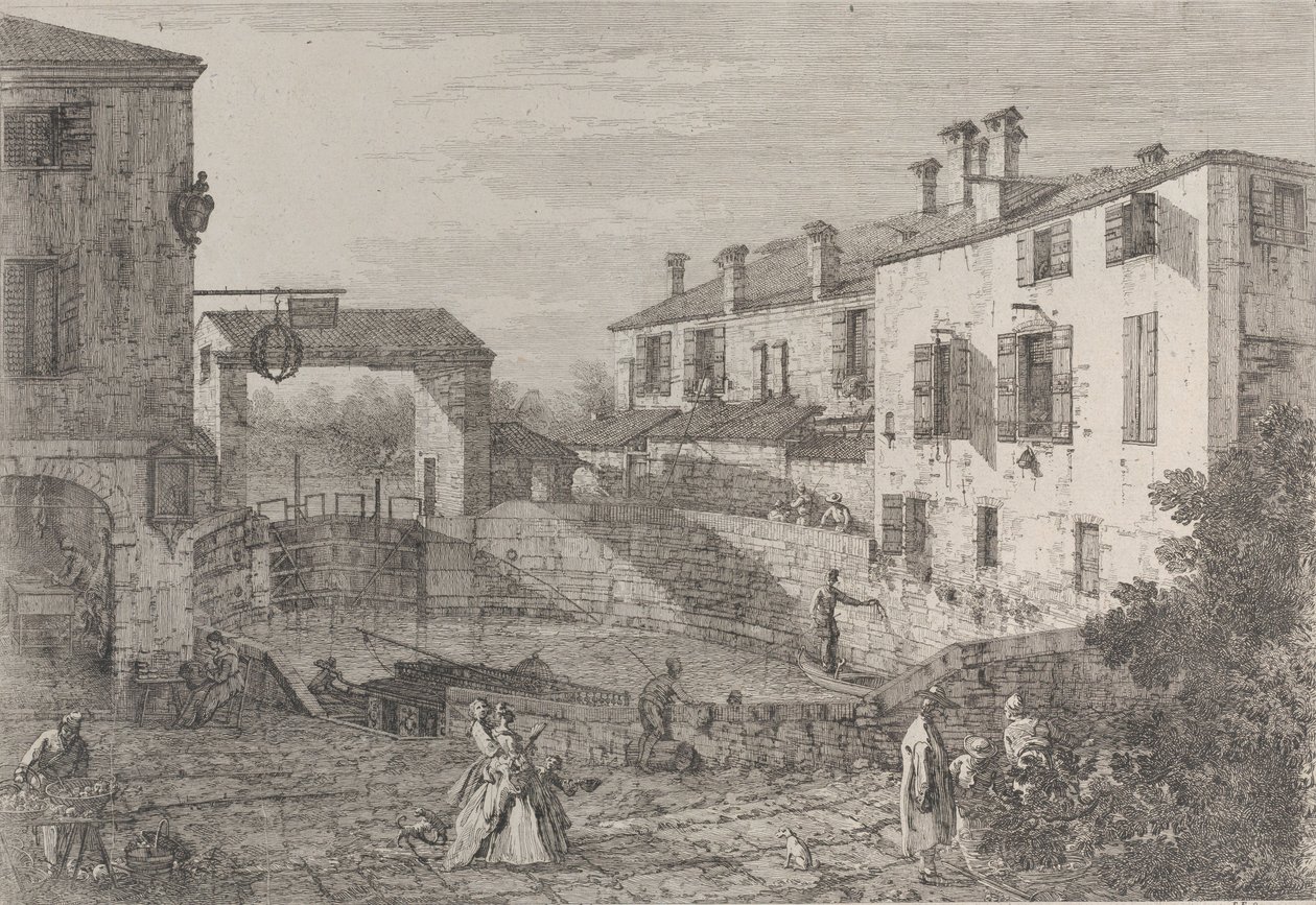 The Oval Basin of the Locks at Dolo, with a Barge Moored to the Quay by Canaletto