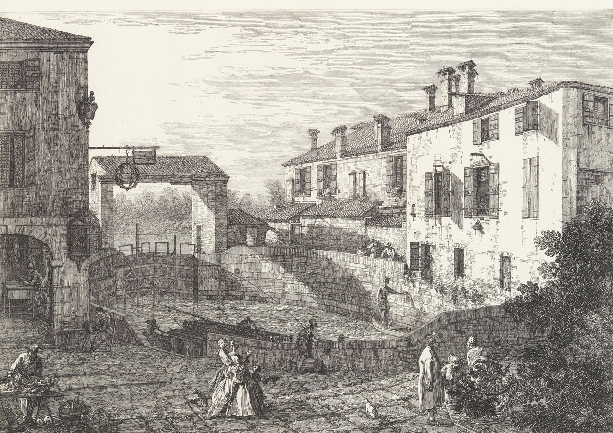 The Locks at Dolo, an Oval-Shaped Basin with Boats at Center, Buildings on Either Side by Canaletto