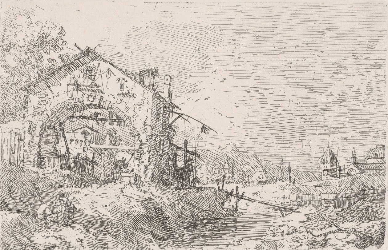 Woman Drawing Water from a Well Beneath an Arcade at Left, with a Landscape at Right by Canaletto