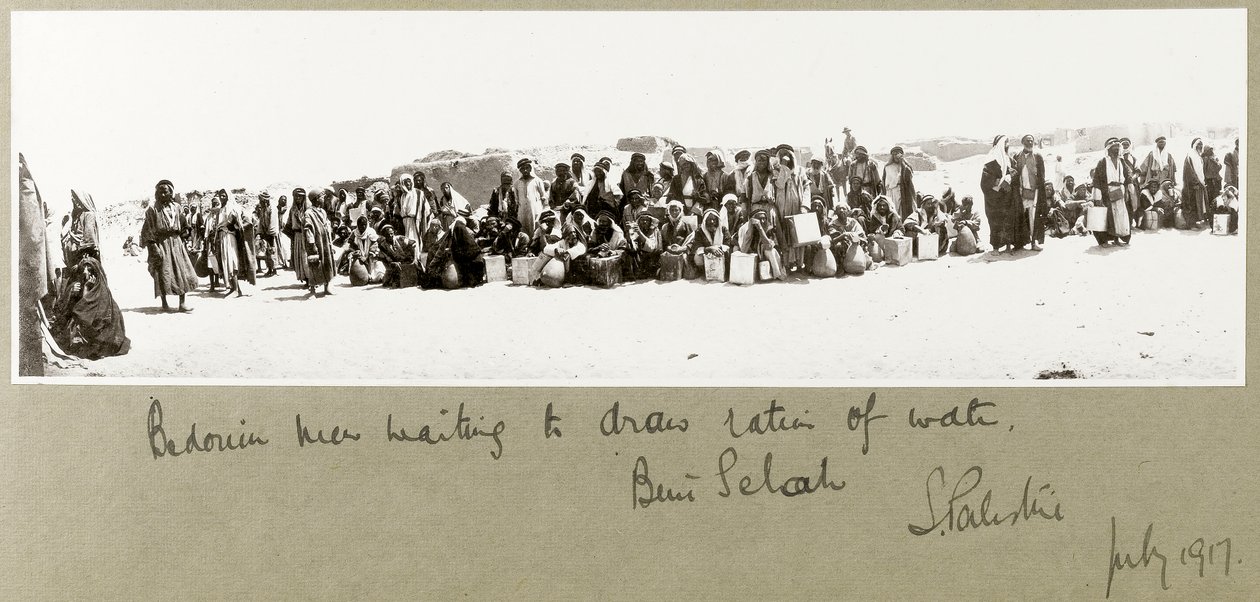 Bedouin Men Waiting to Draw Their Ration of Water, Beni Saleh, July 1917 by Capt. Arthur Rhodes