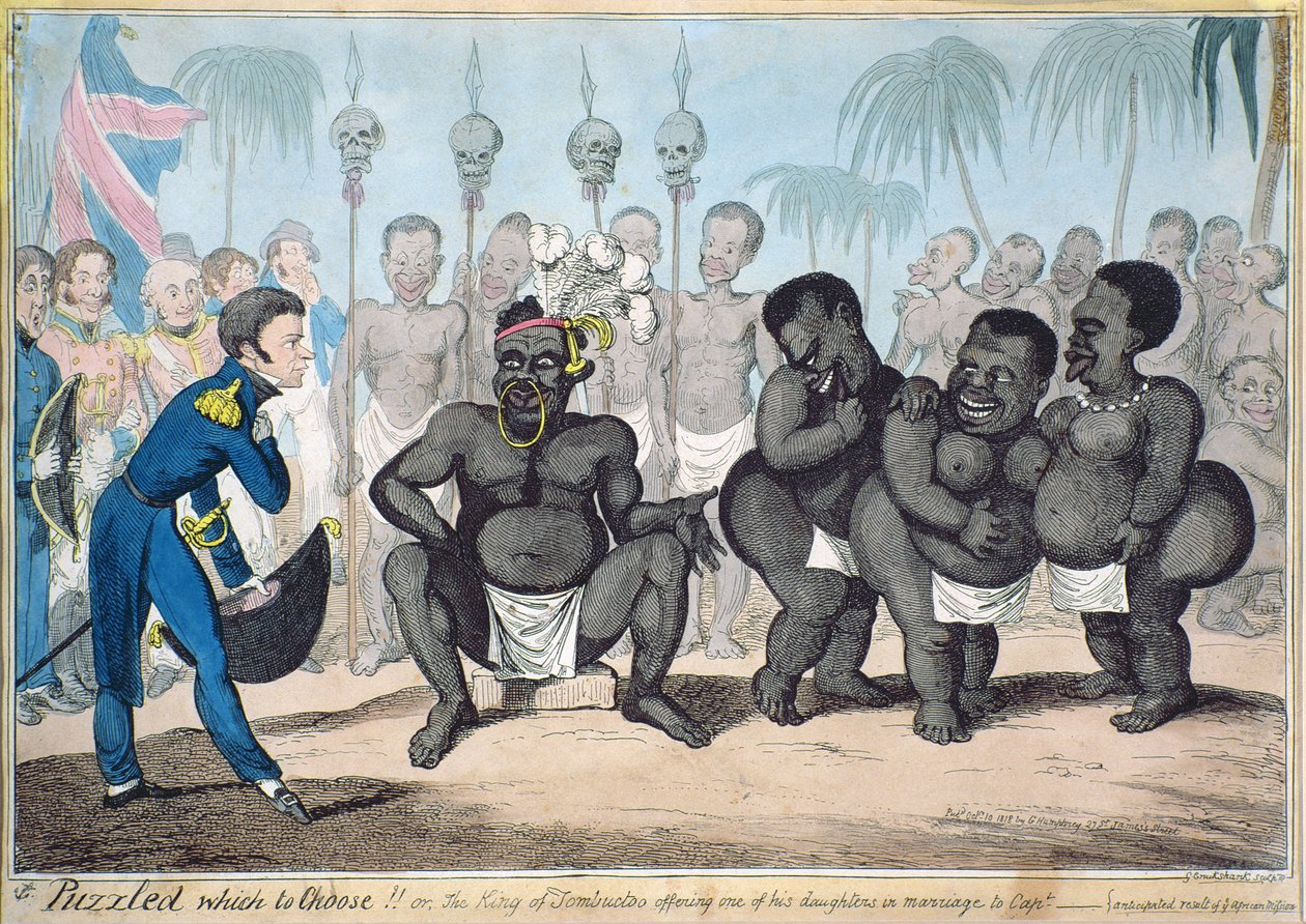 Puzzled which to Choose!! Or the King of Tombuctoo offering one of his daughters in marriage to Capt.___. Anticipated result of an African Mission, published in 1821 by G. Humphrey, 1818 by Capt. E. Judel