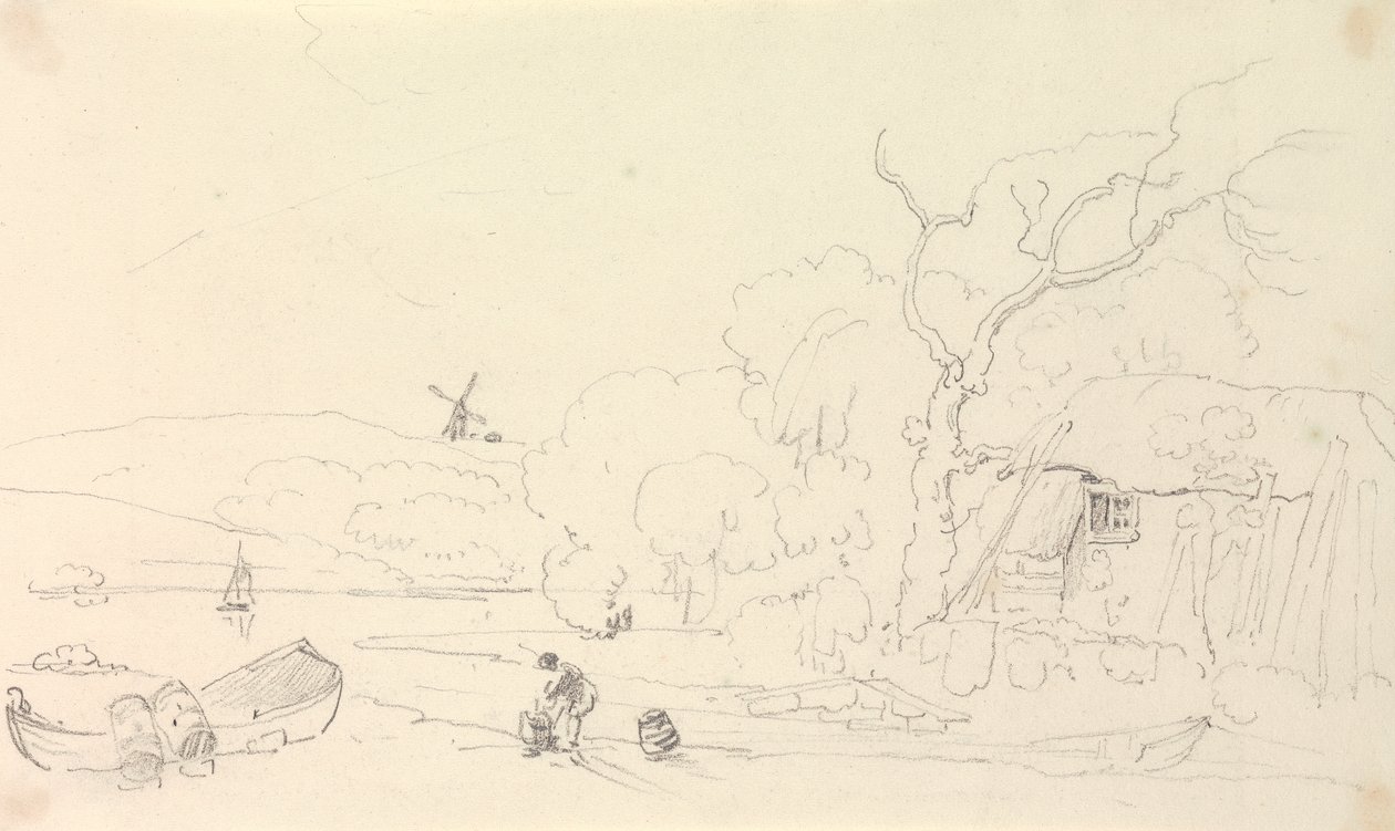 Sketch of a Cottage by the River with a Windmill in the Distance by Capt. Thomas Hastings