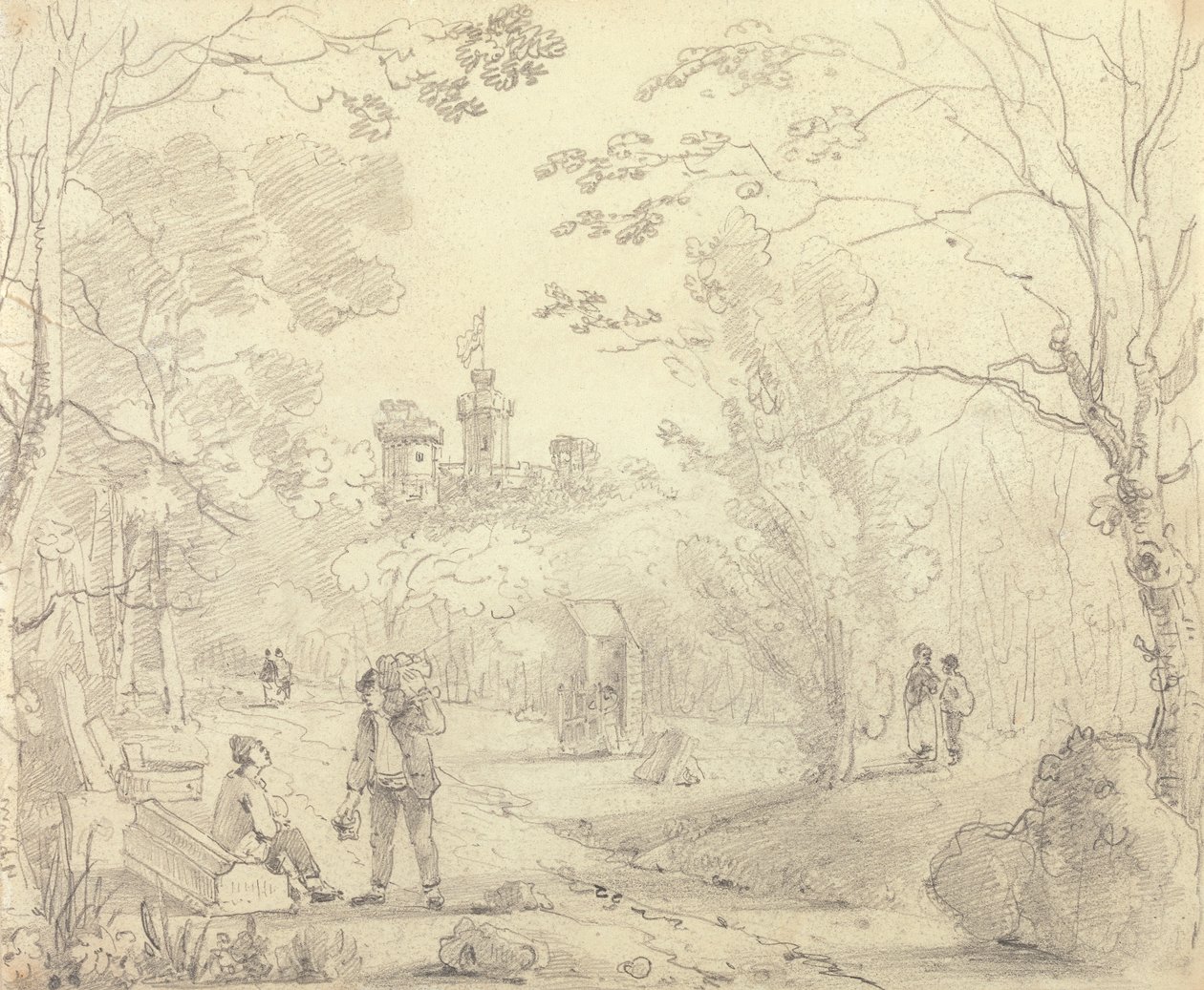 Sketch of a Park Scene with East Cowes Castle in the Distance, Isle of Wight by Capt. Thomas Hastings