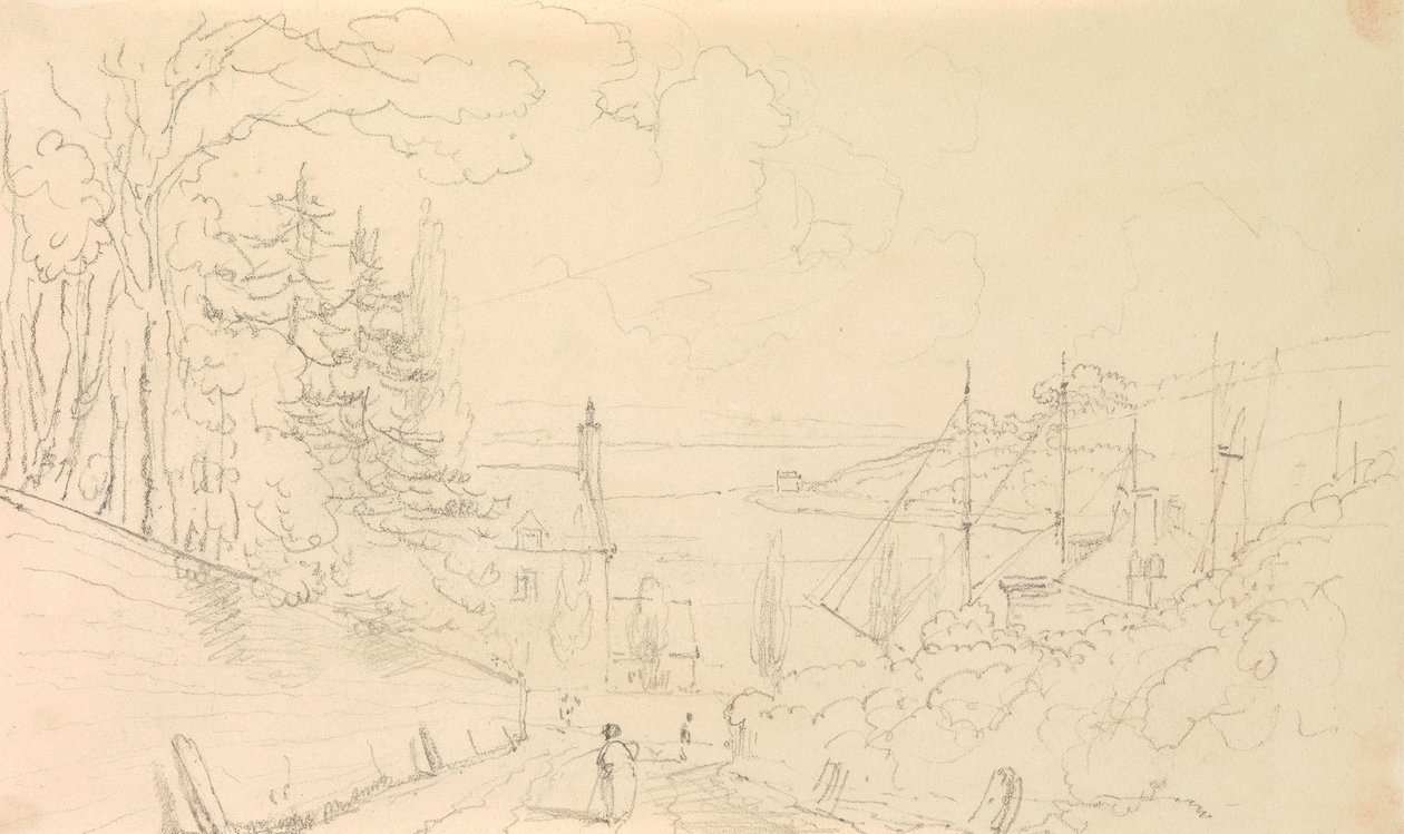 Sketch of a Road Descending to the Shore with Docked Ships by Capt. Thomas Hastings