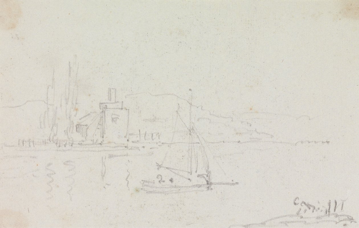 Sketch of a Sailing Boat and a Building on the Shore by Capt. Thomas Hastings