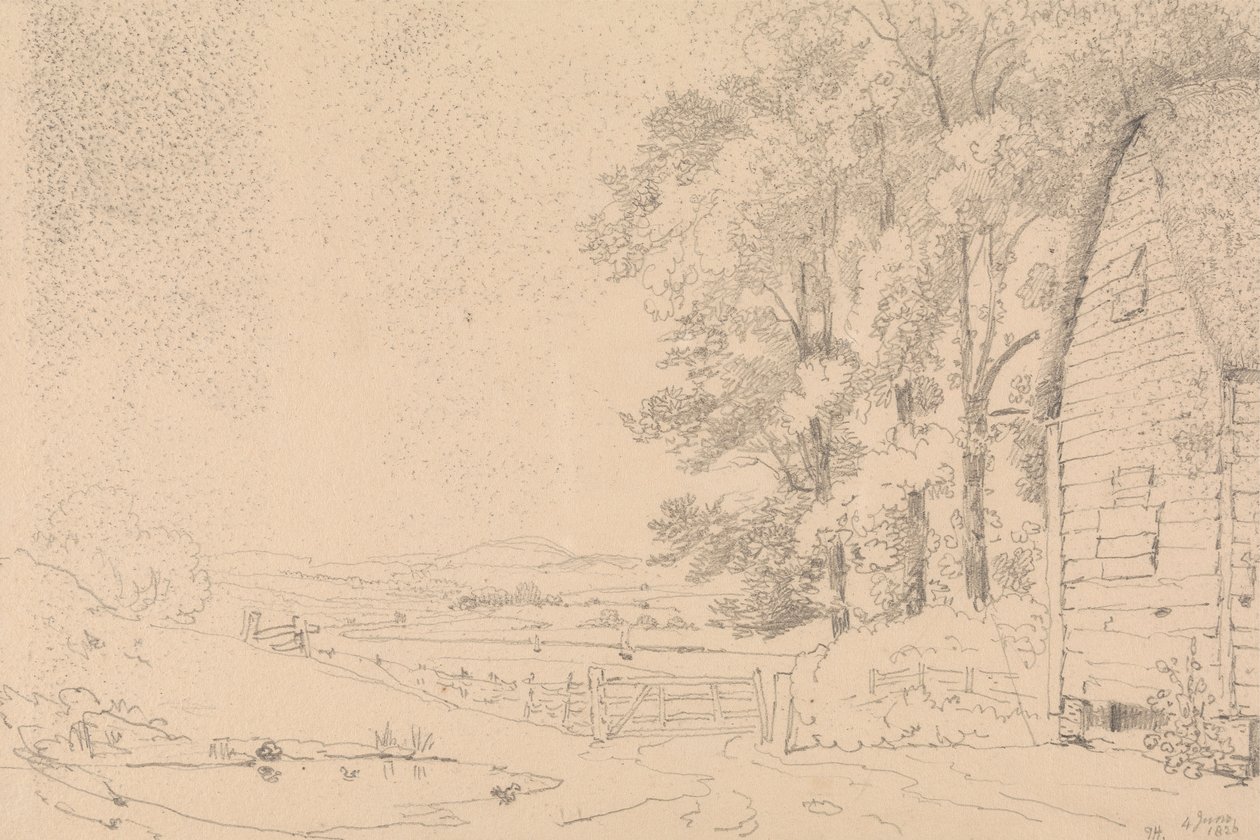 Sketch of a Thatched Roof Building and a River Beyond by Capt. Thomas Hastings