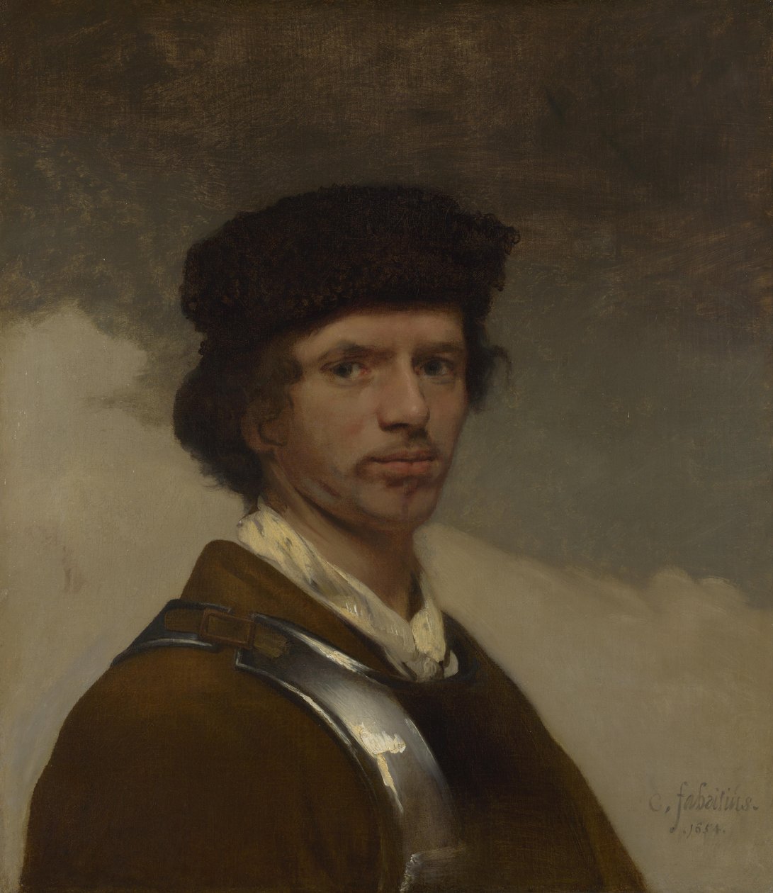 A Young Man in a Fur Cap and a Cuirass (Probably a Self Portrait) by Carel Fabritius
