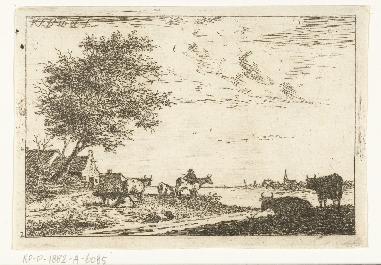 River Landscape with Farmer and Cows by Farm (Landscapes series) by Carel Frederik Bendorp (I)