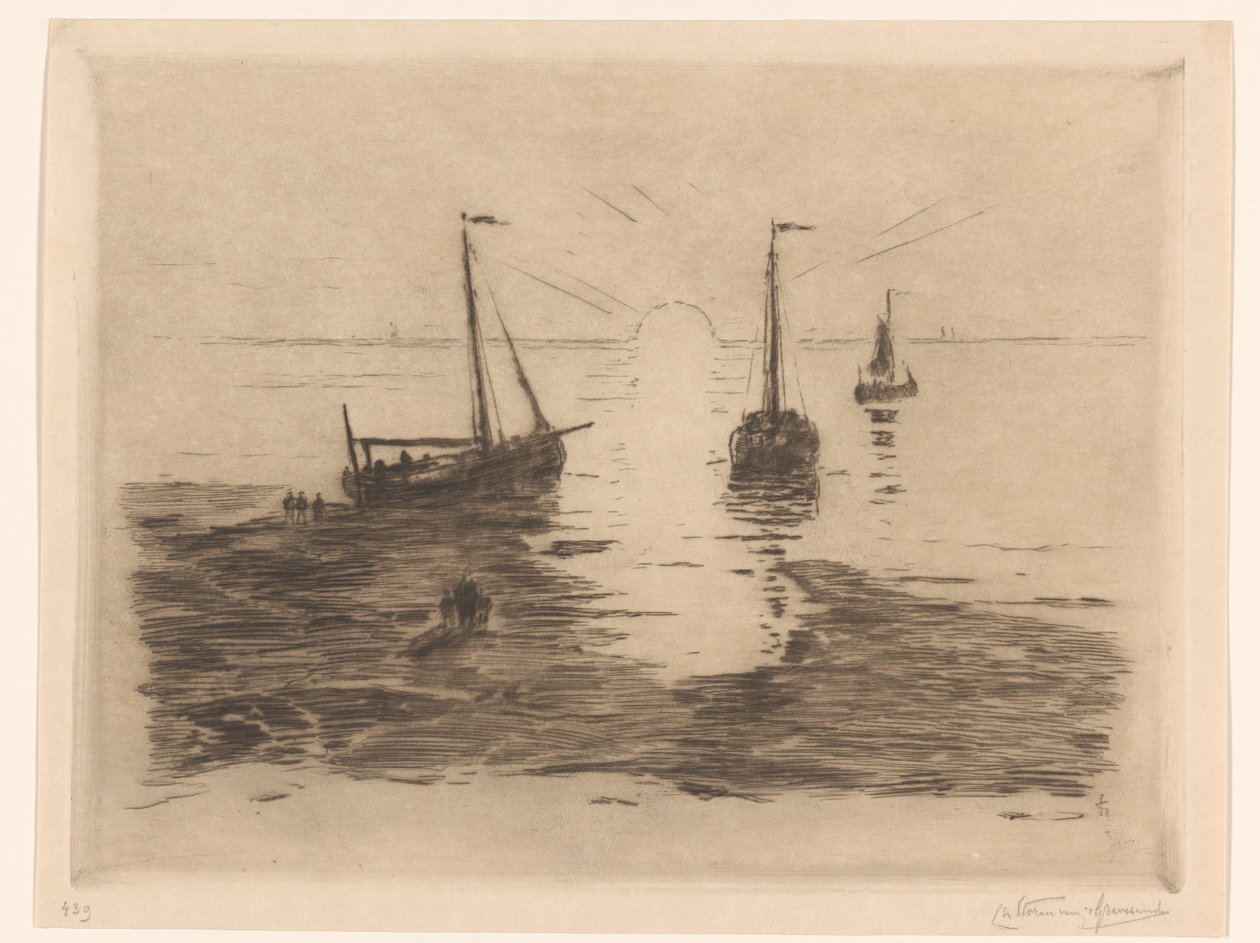 Seascape with Sailboats and Setting Sun by Carel Nicolaas Storm van 