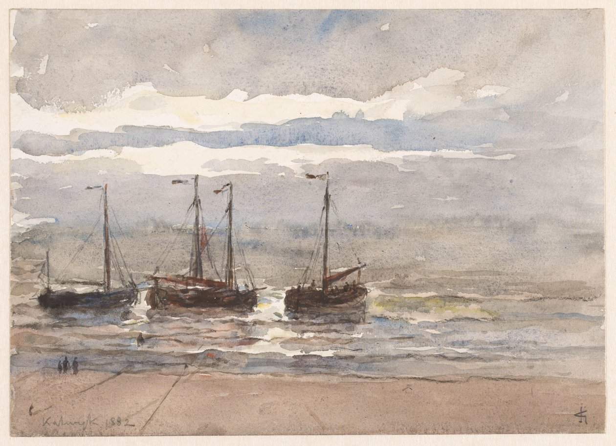 Fishing Boats on the Beach of Katwijk at Rising Tide by Carel Nicolaas Storm van 