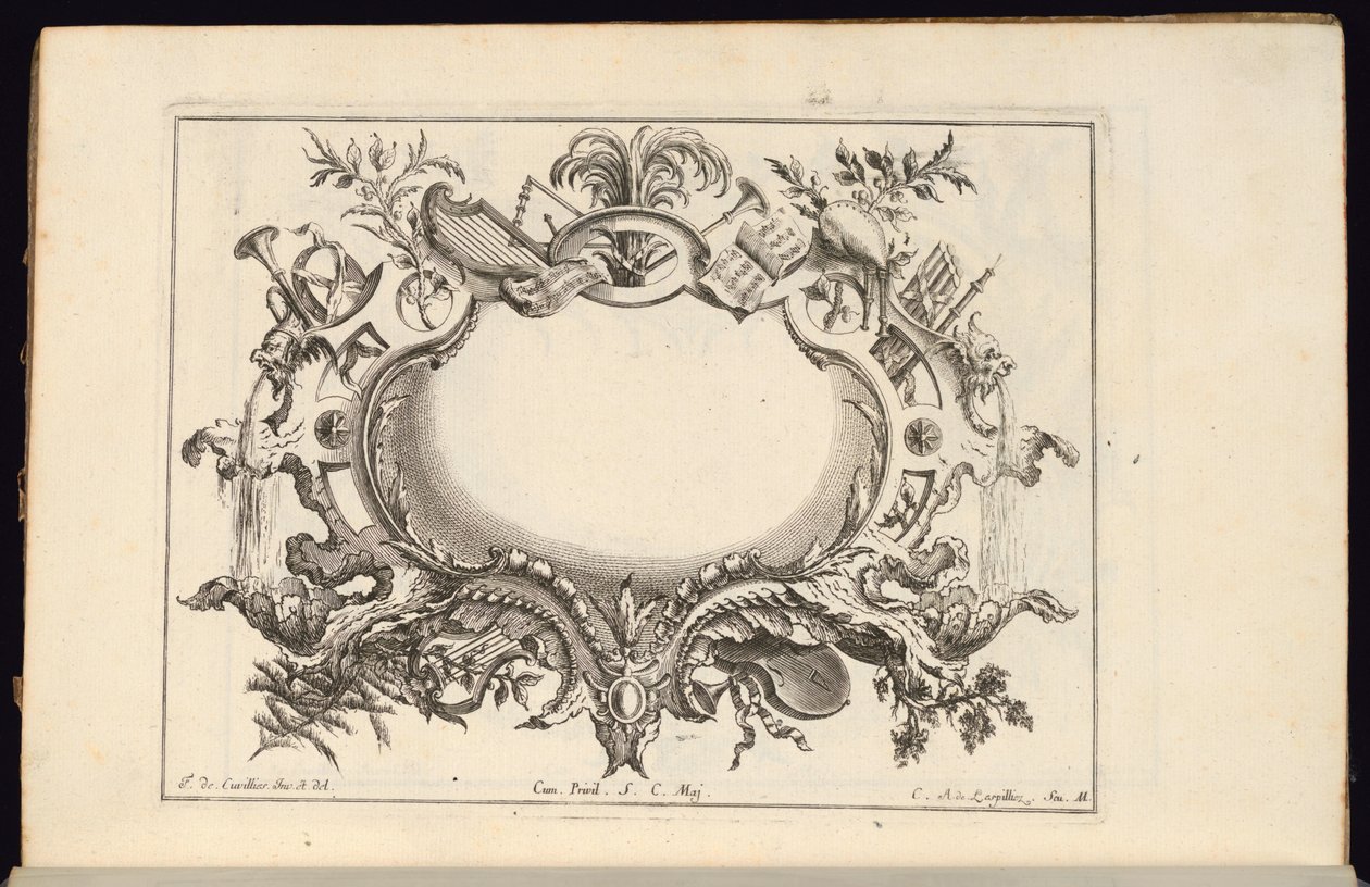 Cartouche with Musical Instruments, Book of Regular Cartouches by Carl Albert von Lespilliez