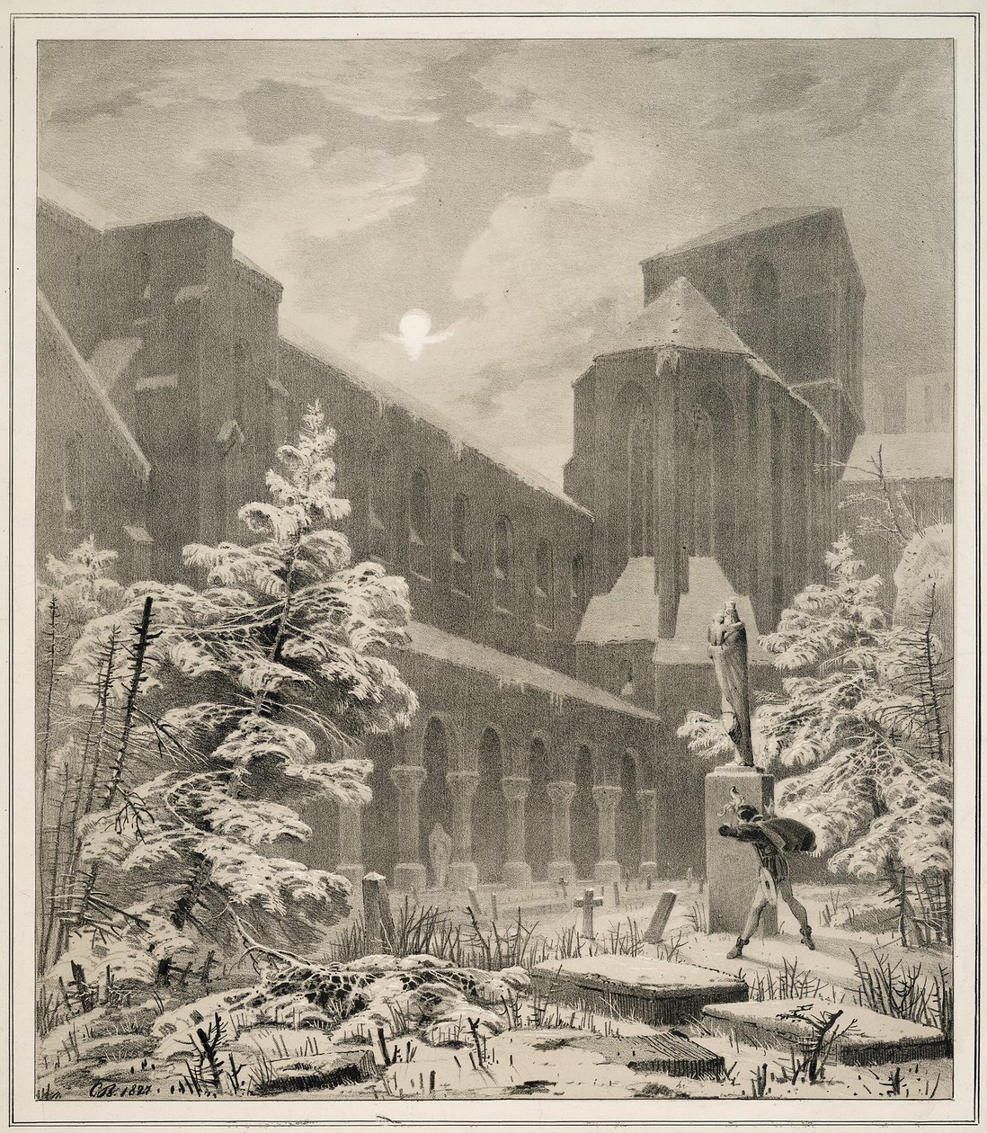Church and Graveyard in the Snow by Moonlight by Carl Blechen