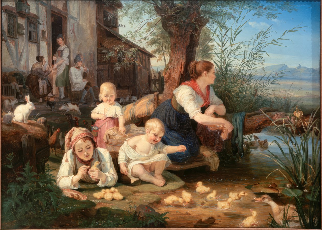 Mother with Children at the Village Pond by Carl Engel von Rabenau