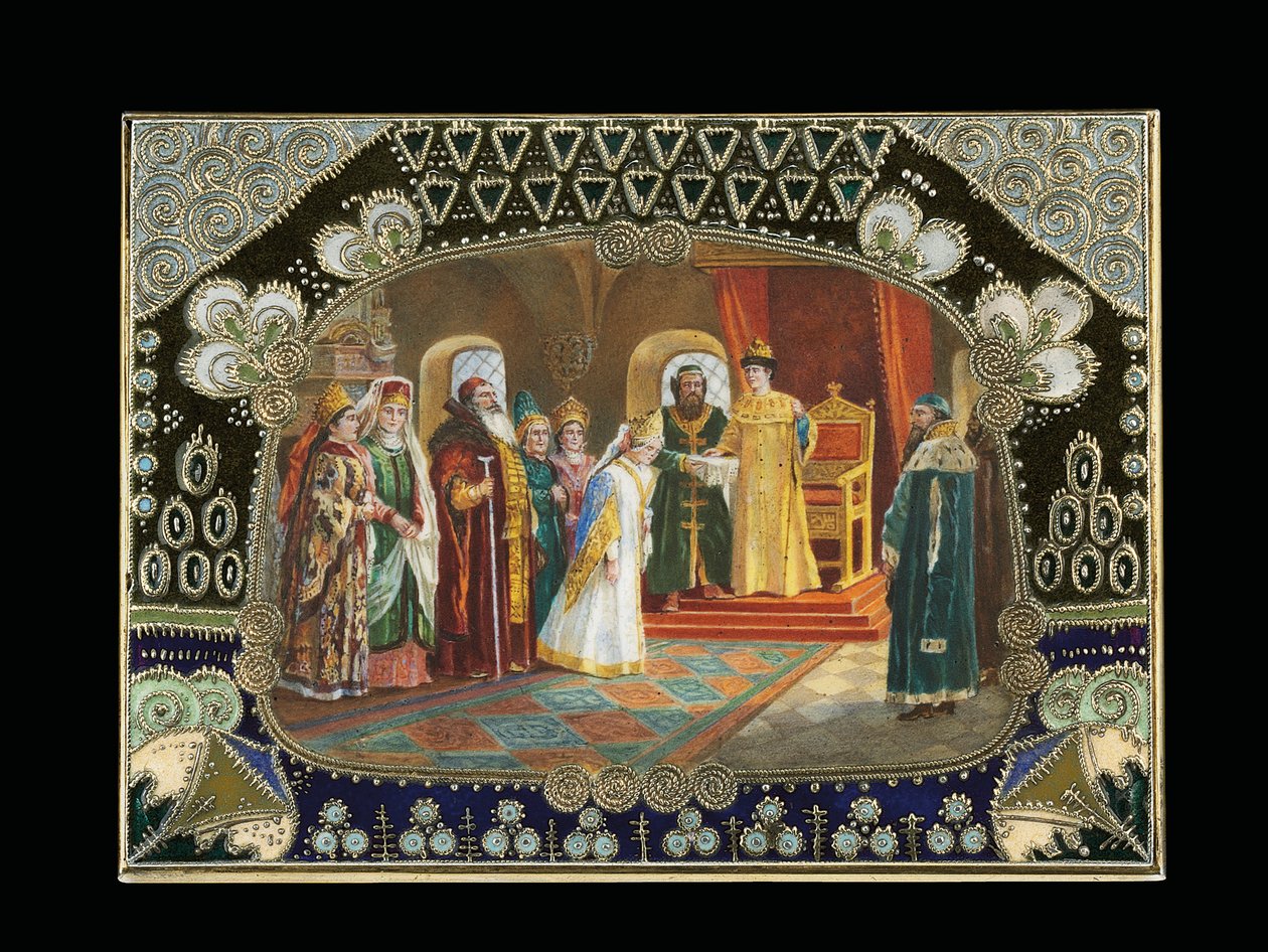 (detail) painted cartouche from a table box, depicting Tsar Alexei Mikhailovich choosing a bride, c.1908-1917 by Carl Fabergé