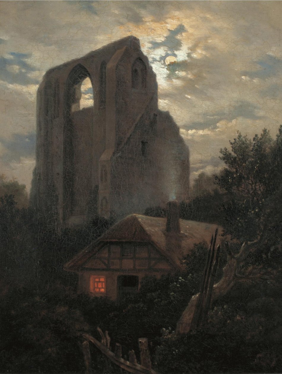 Ruins of the Eldena Monastery with Cottage near Greifswald in Moonlight by Carl Gustav Carus