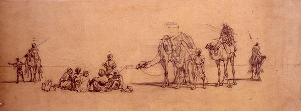 Figures and camels in the desert by Carl Haag