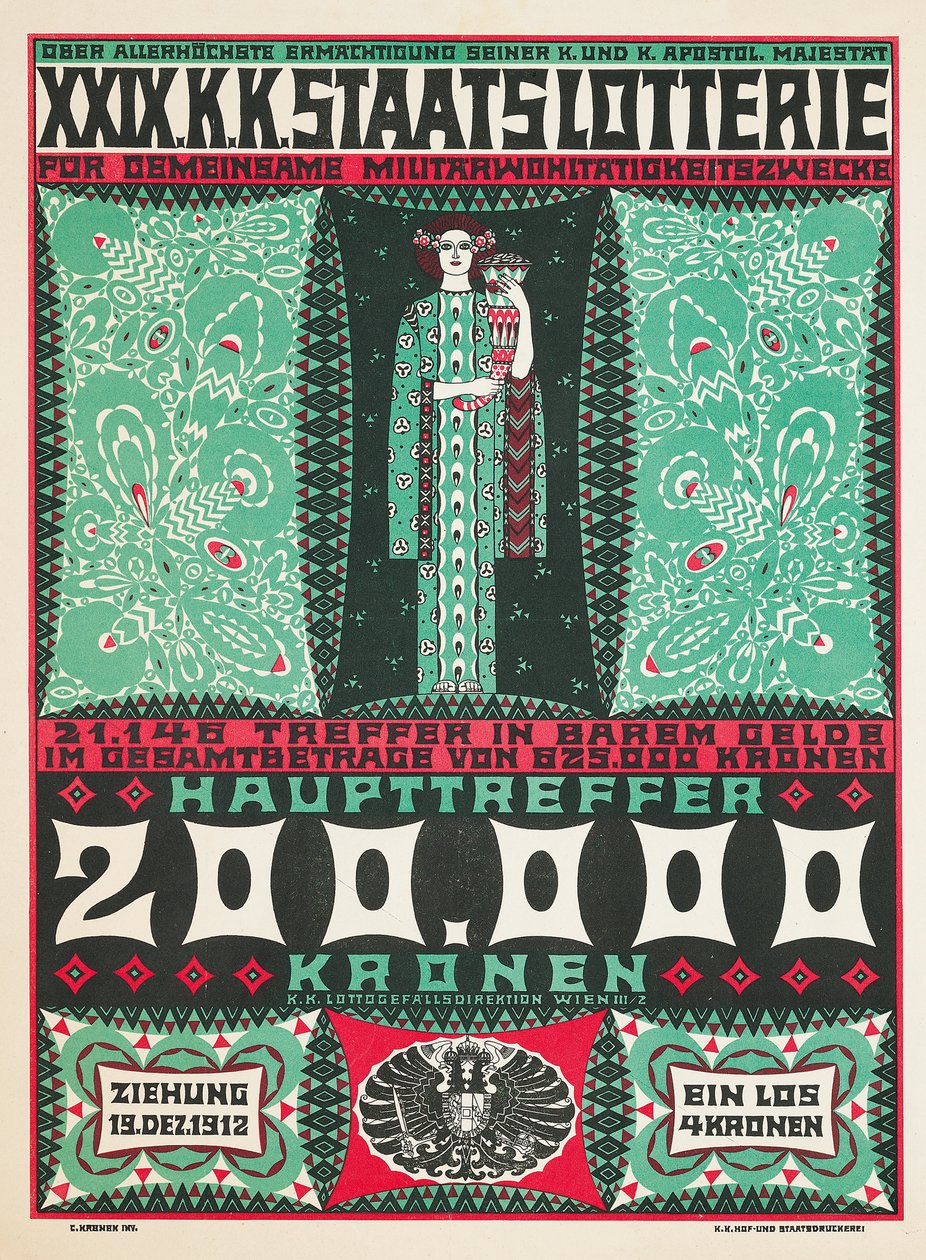Poster Advertising the 24th Royal Austrian Charity Lottery in 1912 by Carl Krenek