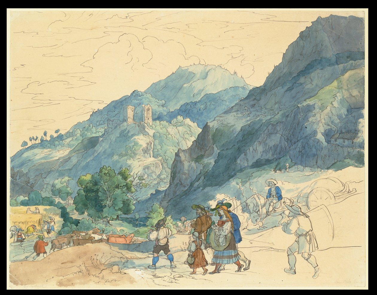 Landscape near Innsbruck with the Ruins at Fragenstein and Country People Returning Home and Working in the Fields by Carl Philipp Fohr