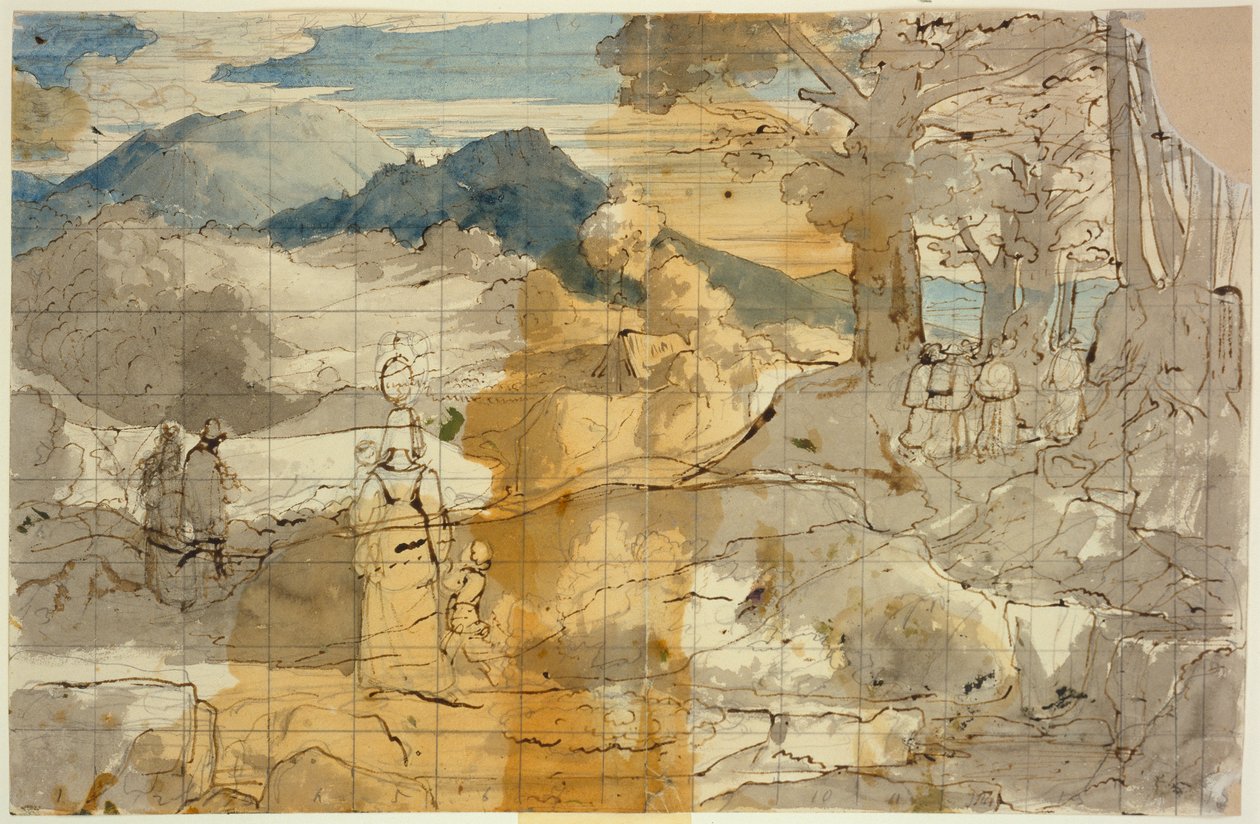 Landscape near Rocca Canterano with a Woman with Children, Shepherds and Pilgrims by Carl Philipp Fohr