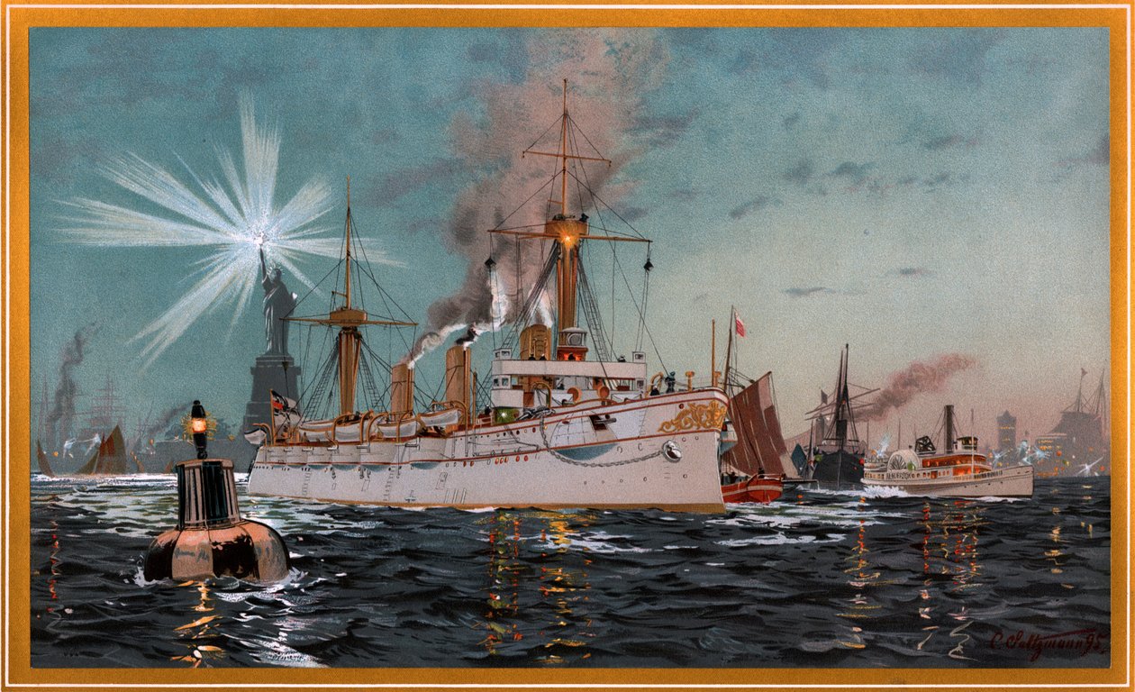 Empress Augusta leaves New York, Chromolithograph by C. Saltzmann 95, nr13 from G. Wislicenus, Our War Fleet by Carl Saltzmann
