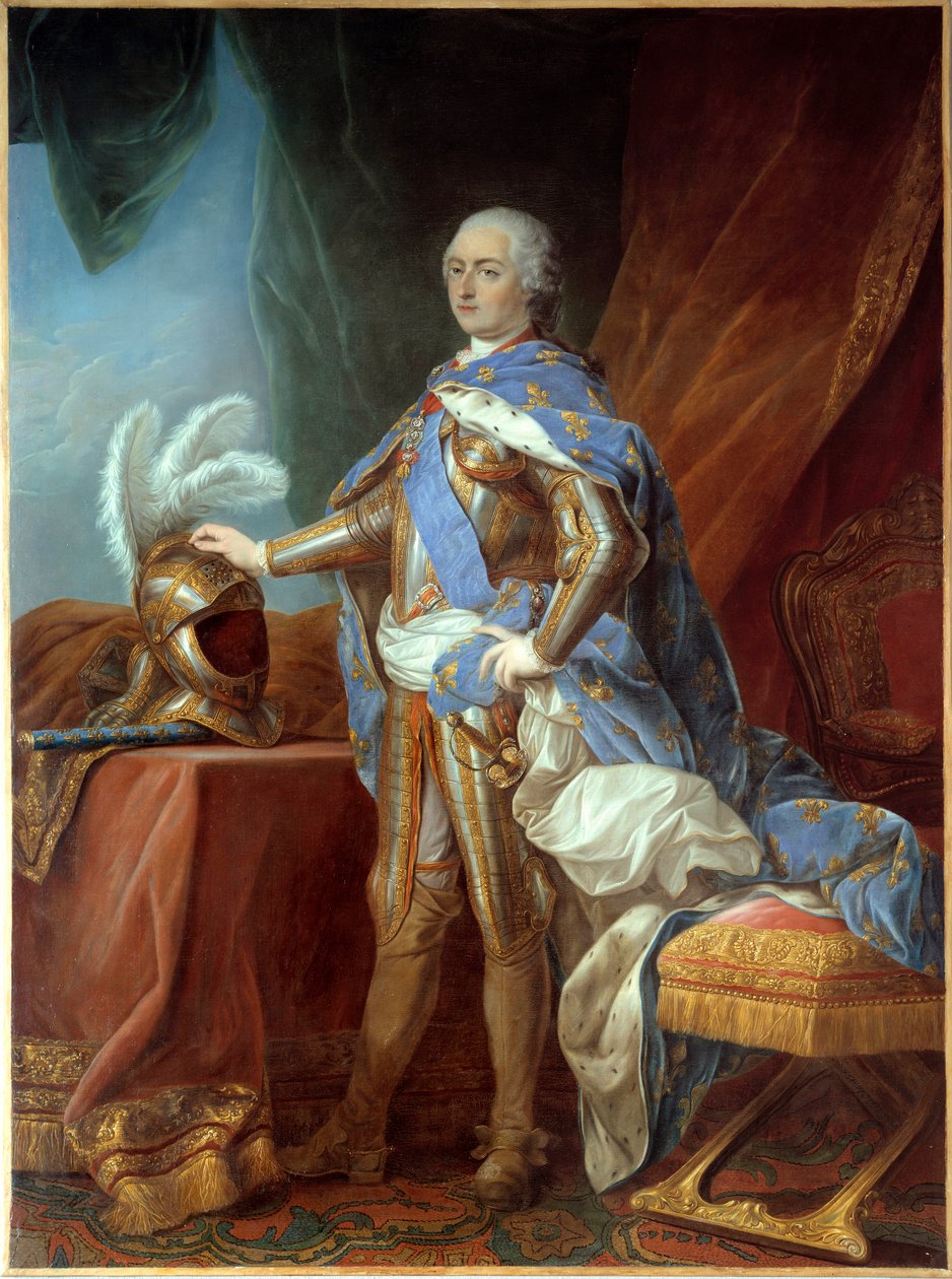 Portrait in foot of Louis XV, in armor, hand placed on a helm. Painting by Carle Van Loo by Carle van Loo