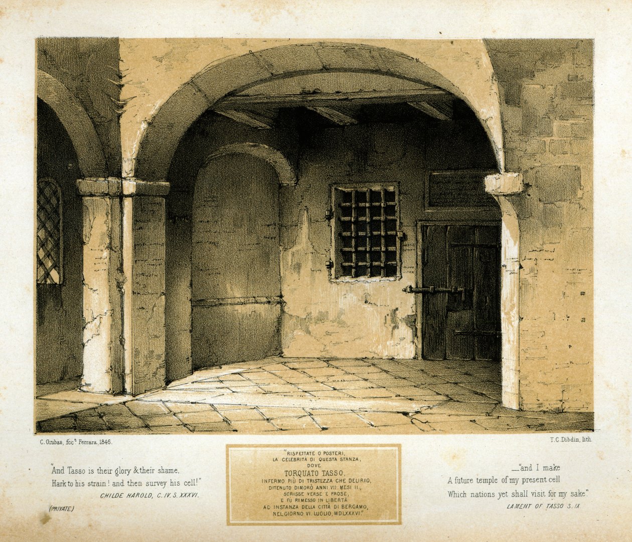 Memorial to Torquato Tasso, Engraved by T.C. Dibdin After a 1846 Painting by Carlo Grubacs