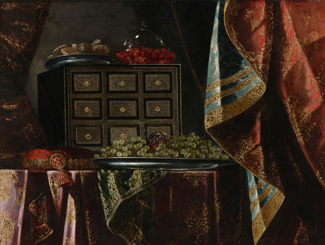 Still Life of a Chest, Fruit and Other Objects on a Brocade Draped Table by Carlo Manieri