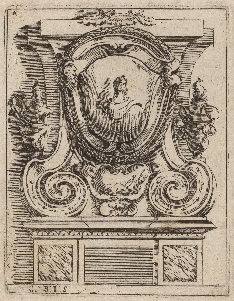 Architectural Motif with Bust and Two Lamps by Carlo Antonio Buffagnotti