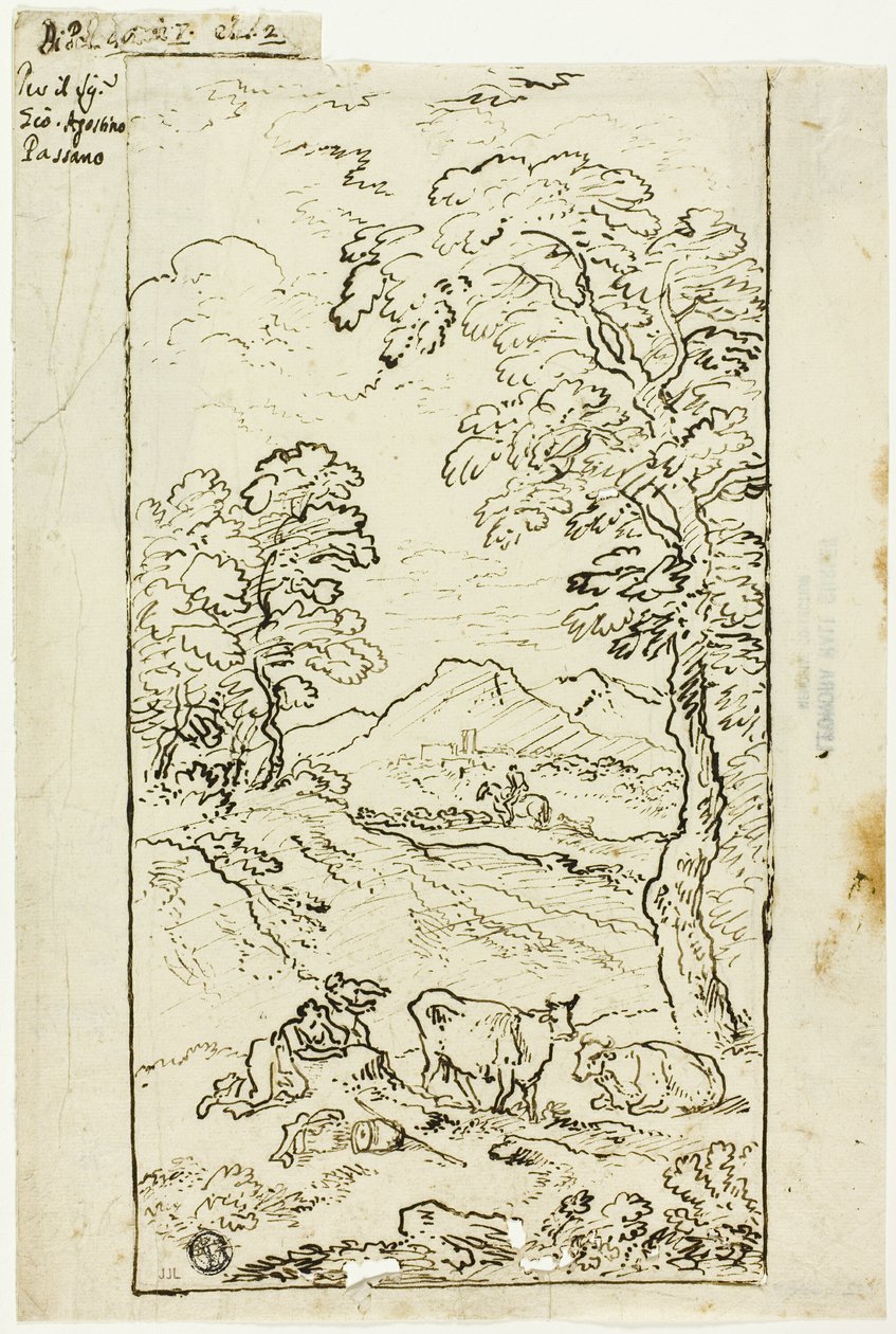 Hilly Landscape with Cows and Shepherds in Foreground by Carlo Antonio Tavella