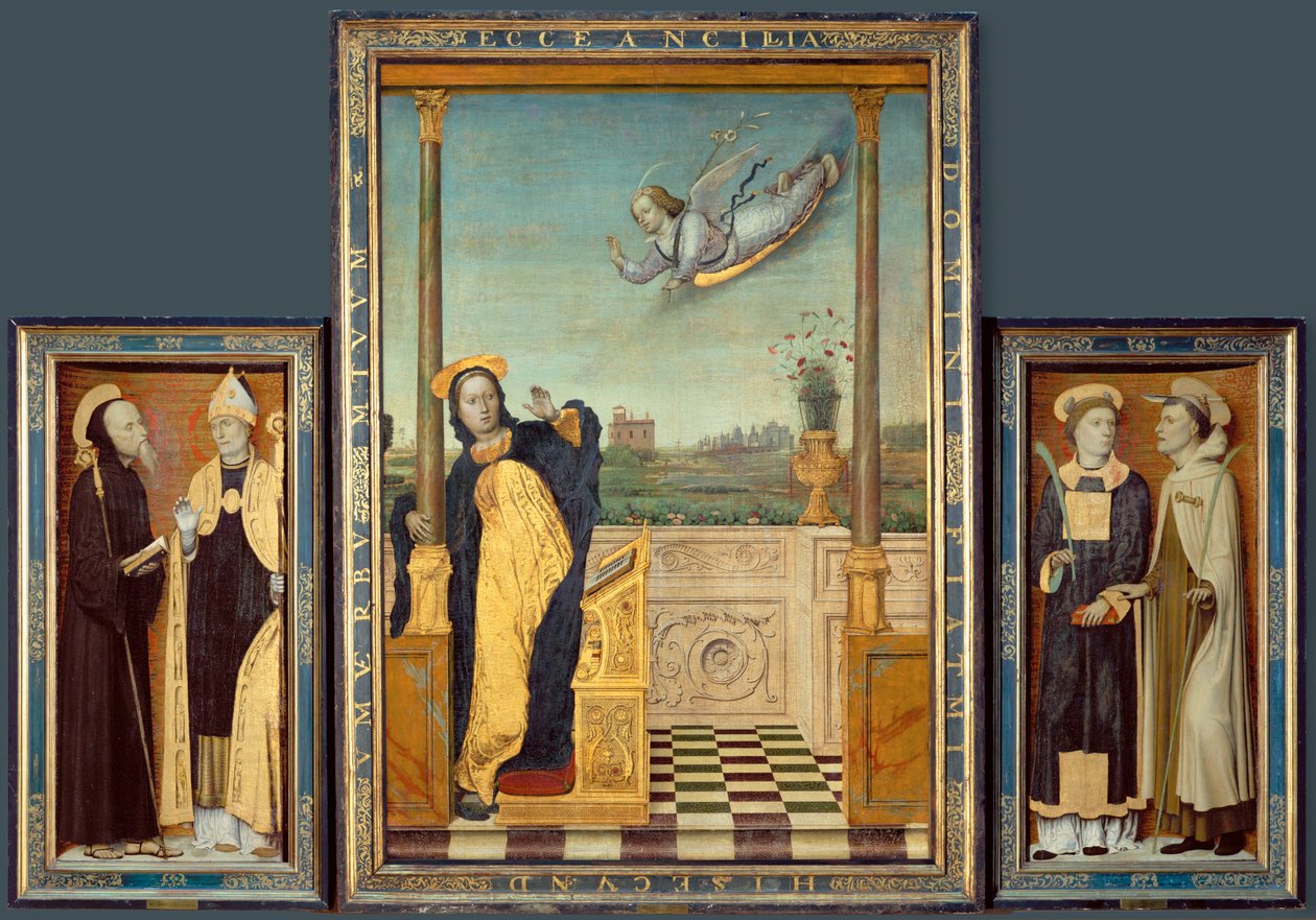 Annunciation, Saints Benedict and Augustine, Saints Stephen and Angelus by Carlo Braccesco