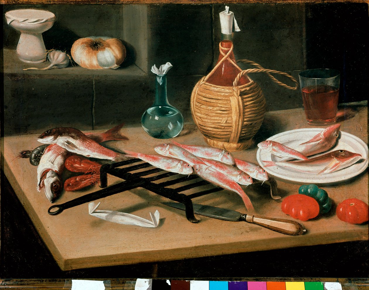 Still Life Table with grilled fish plates and bottle of wine. Painting by Carlo Magini. Faenza, Pinacoteca comunale by Carlo Magini