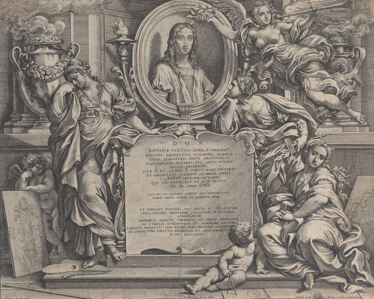 Frontispiece with Oval Portrait of Raphael, with Three Allegorical Figures of the Arts, 1675 by Carlo Maratti