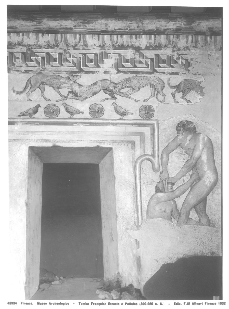 Marce Camitlnas and Cneve Tarchunies Rumach, reconstruction of the Etruscan wall painting in the Francois Tomb at Vulci of c.320-280 BC by Carlo Ruspi
