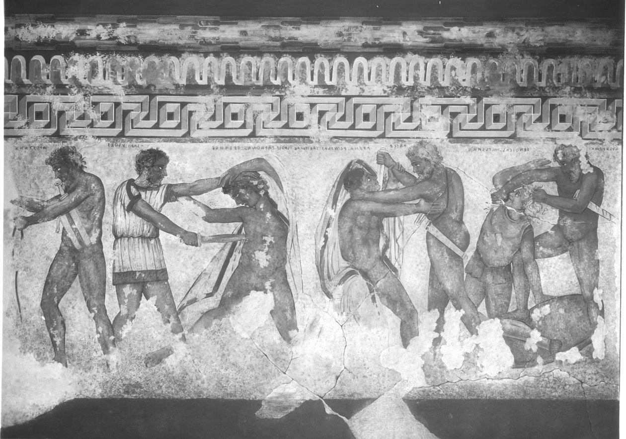 Reconstruction of the Etruscan wall painting in the Francois Tomb at Vulci of c.320-280 BC by Carlo Ruspi