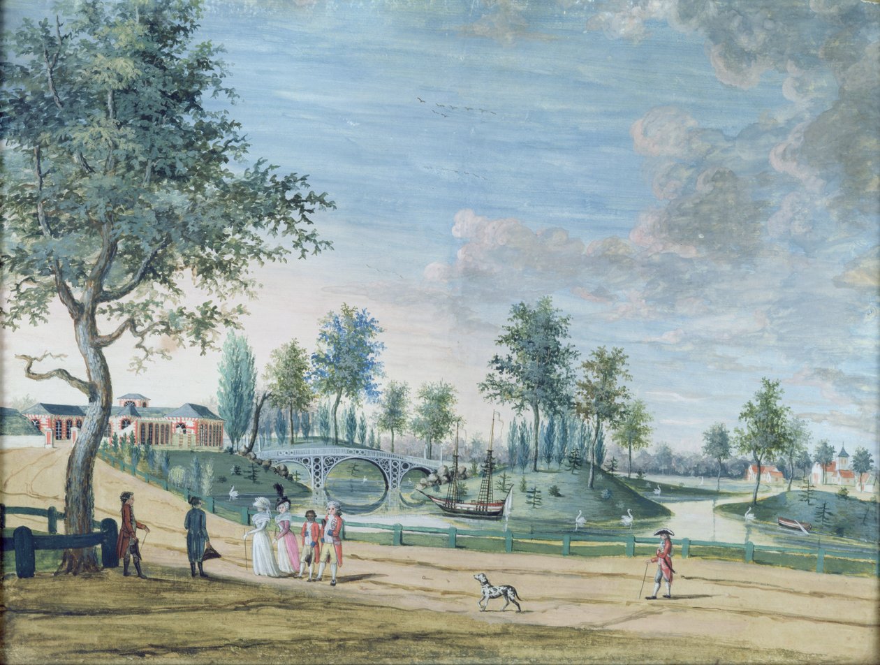 Railway Bridge, Parc du Raincy (The Duke and Duchess of Chartres on Their Way to the Orangerie) by Louis Carrogis dit Carmontelle