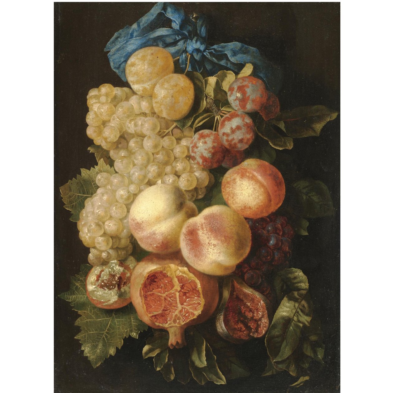 A Still Life with Plums, Grapes, Peaches and a Pomegranate Tied with a Blue Ribbon by Carstian Luyckx