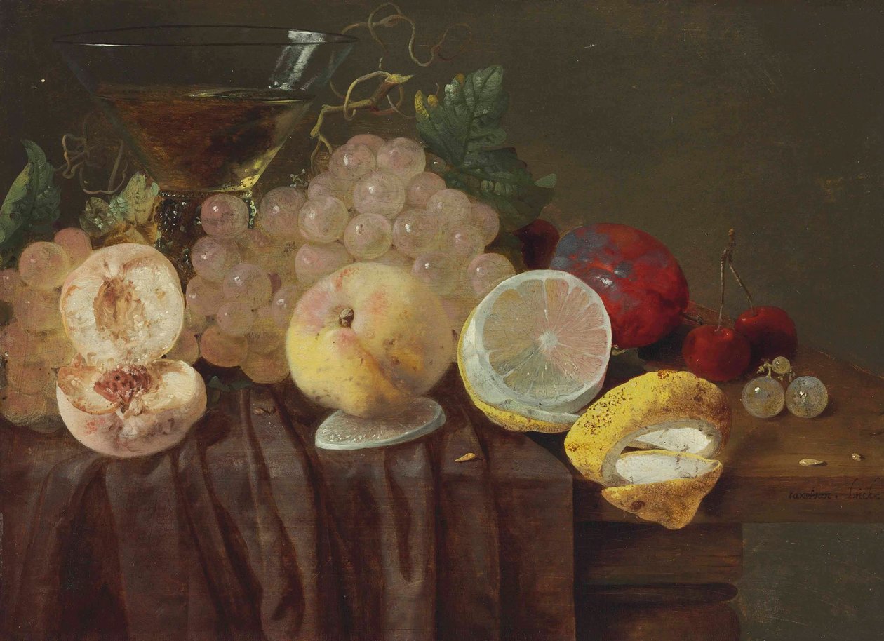Grapes, Peaches, a Lemon, Plums, Cherries and a Roemer on a Partially-Draped Table by Carstian Luyckx