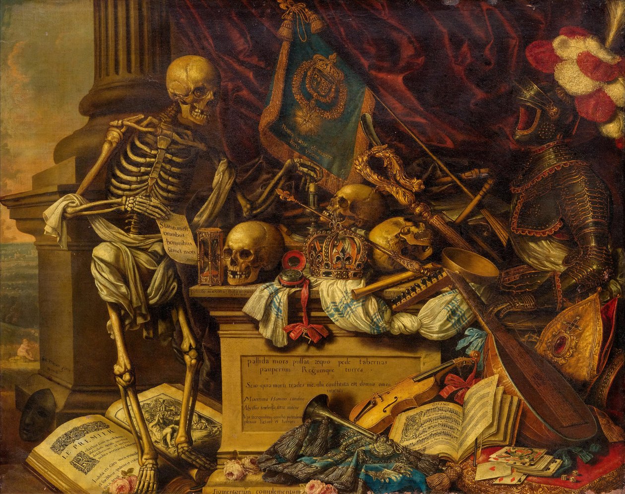 Vanitas Still Life with musical instruments, books, sheet music, skeleton, skull and armour, 17th century by Carstian Luyckx