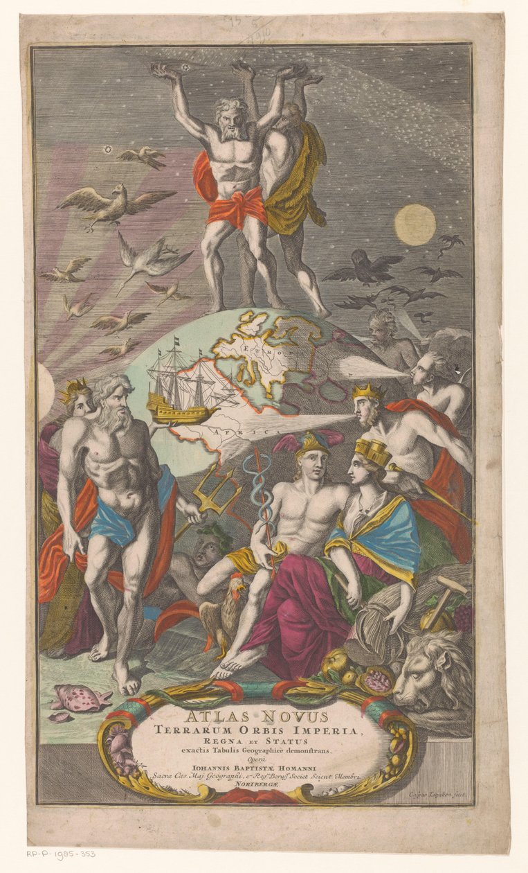 Atlas and Hercules Carrying the Celestial Sphere (Title page for Johann Baptista Homan, Atlas Novus Terrarum Orbis Imperia, Regna et Status exactis Tabulis Geographicè demonstrans, 1710) by Caspar Luyken